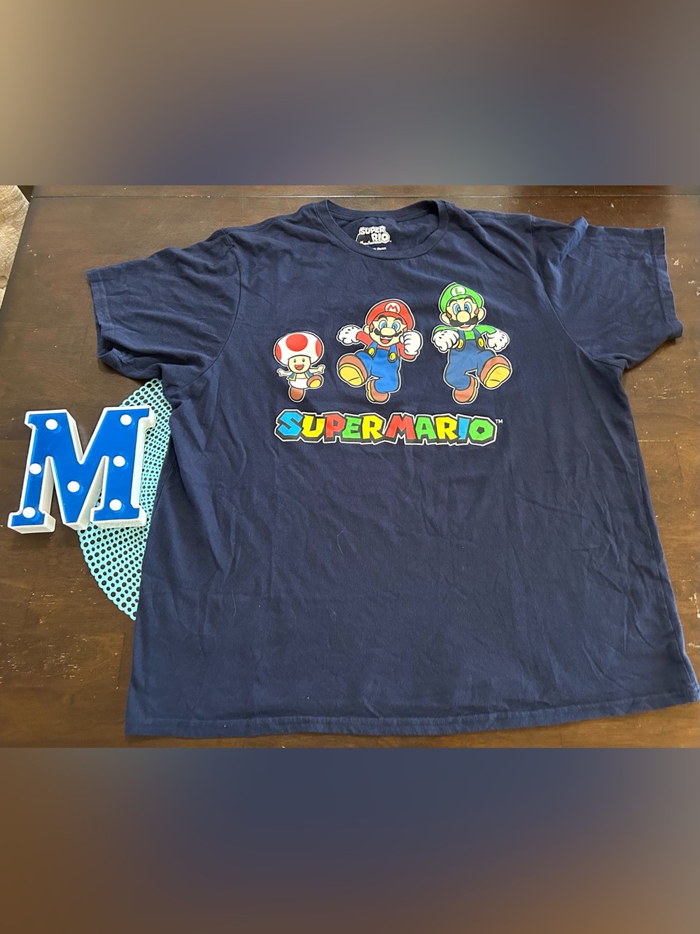 Super Mario Men’s Graphic Crew Neck T-Shirt, Navy Size 2XL